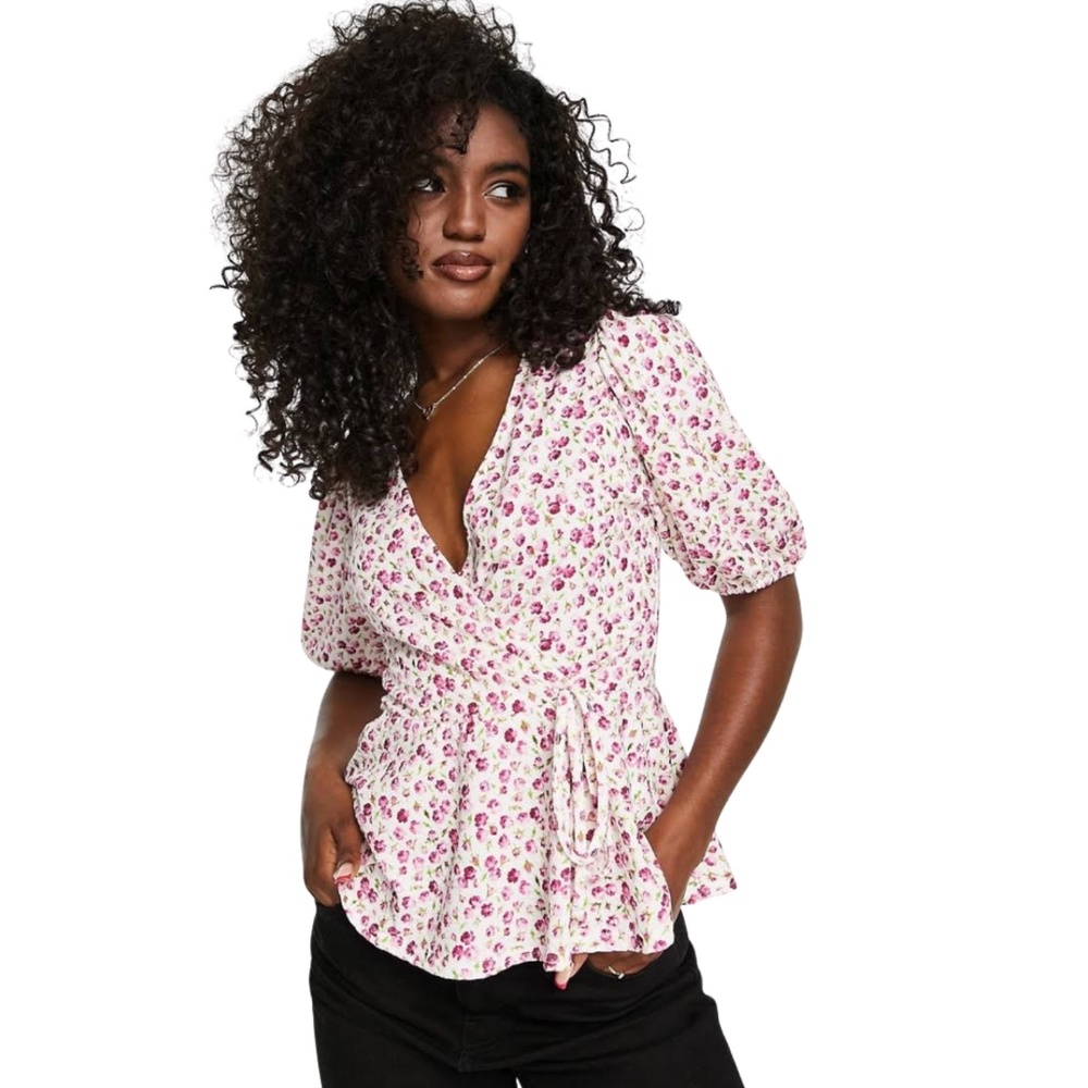 Spring Floral Top Peplum Puff Sleeve Pink White Sz 2 Faux Wrap Stretch Blouse
